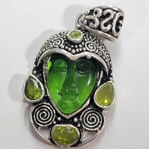 Goddess Pendant Carved Green Glass Face Sterling Silver